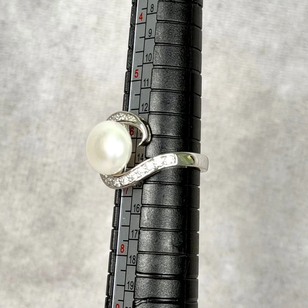 Sterling Silver White Pearl CZ Bypass Halo Cocktail Ring Fairycore Size 6.5